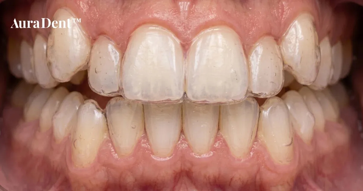 Närbild på tandfärgade attachments och Invisalign-skenor i munnen som används för att flytta trångställda tänder rätt.